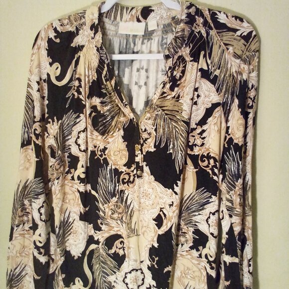 Belle Kim Gravel Blouse Women S Long Sleeve Soft Stretch Pattern Black Tan - Picture 10 of 15